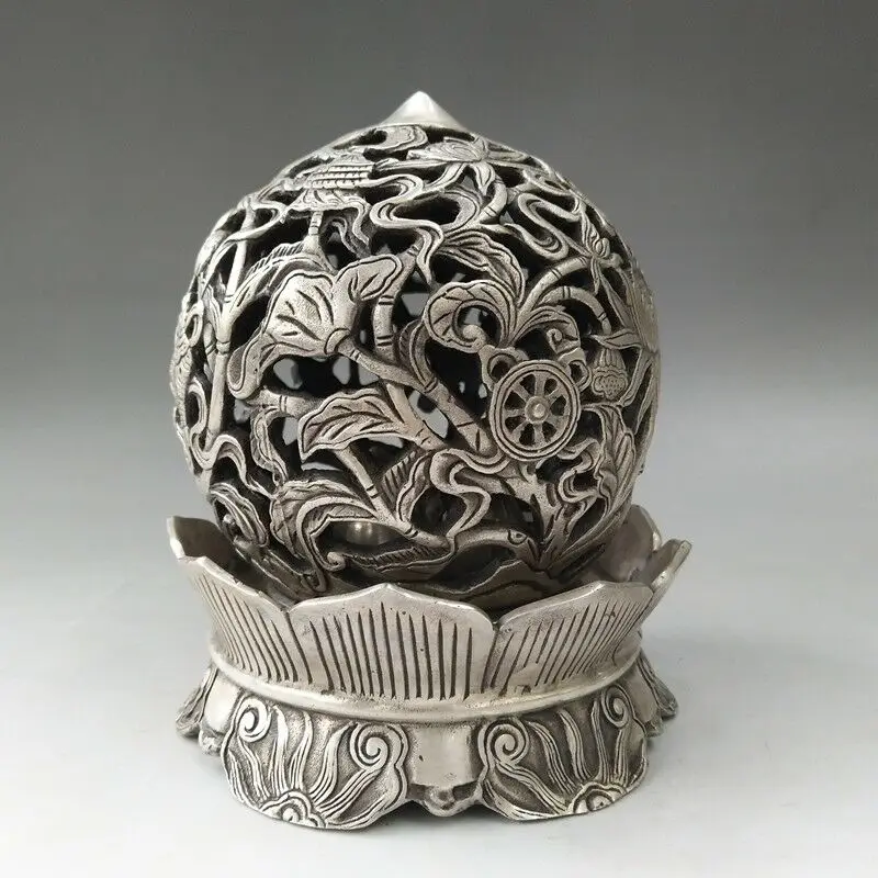 

China Antiques Tibetan silver hand-carved lotus fish hollow out Incense Burners