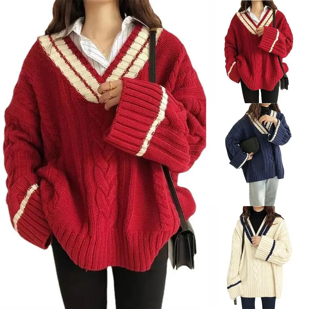 

Trevor's Autumn Winter Women Colorful Block V Neck Thicken Warm Knitted Sweater Baggy Slimming Pullover Blouse