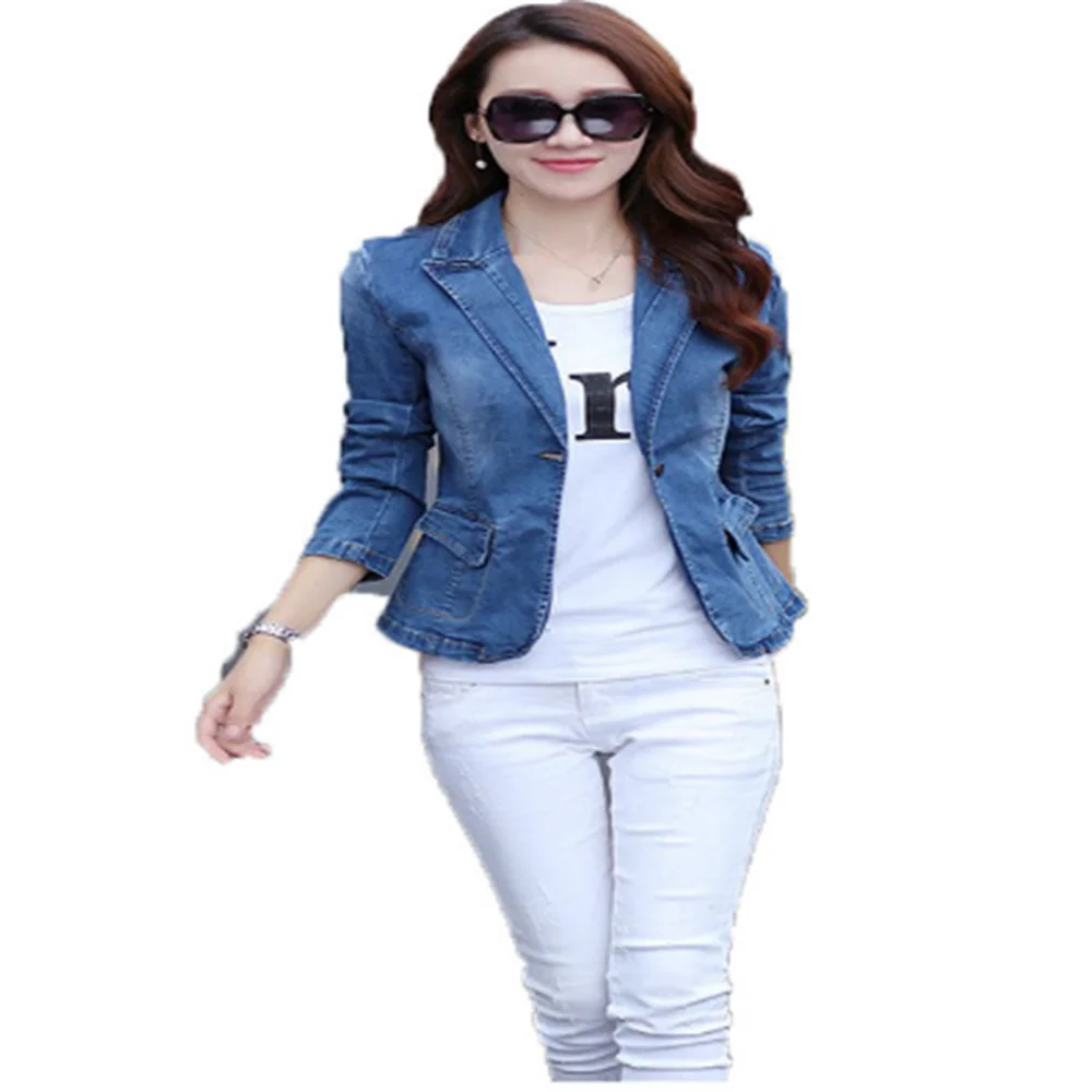 

Fashion Women's Spring Autumn New Slim One Button Long-Sleeved Short Lapel Small Suit Denim Jacket Cowboy Tops Coat