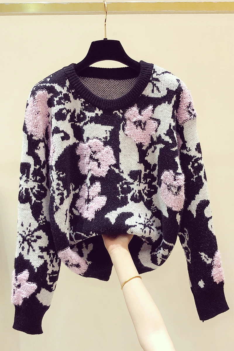

Fashion Three-Dimensional Jacquard Long-Sleeved Sweater 2020 Autumn Winter Clothes Women's Loose Round Neck Print Knitted Top