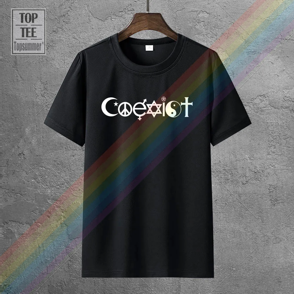 

Coexist T Shirt Religion Christianity Islam Atheist Yin Yang Love Peace Jesus Rude Top Tee Round Neck T Shirt Short Sleeve