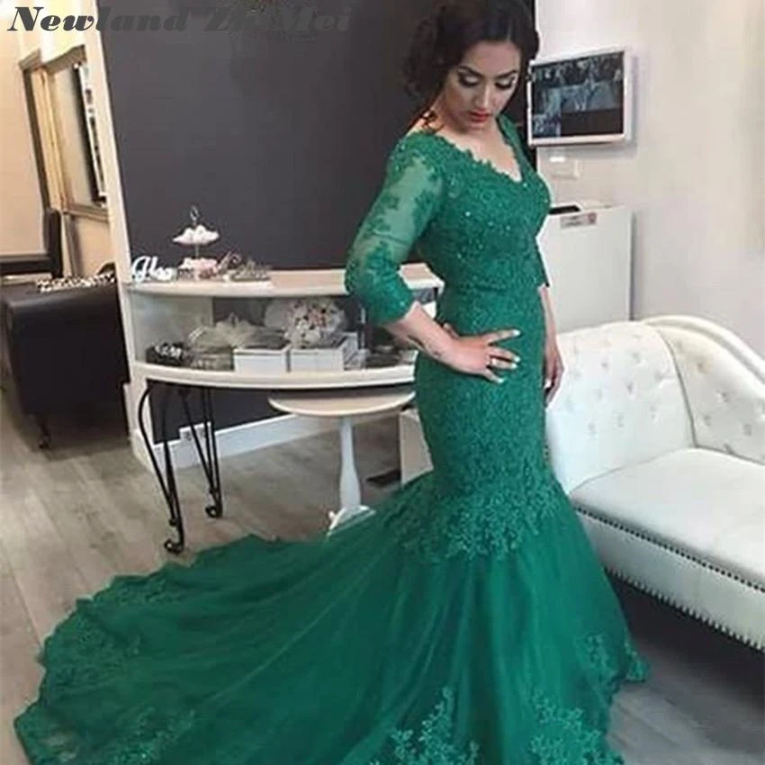 

Elegant Arabic 3/4 Long Sleeve Applique Lace Court Train Hunter Green Mermaid Wedding Dress Plus Size Women Formal Bridal Gowns