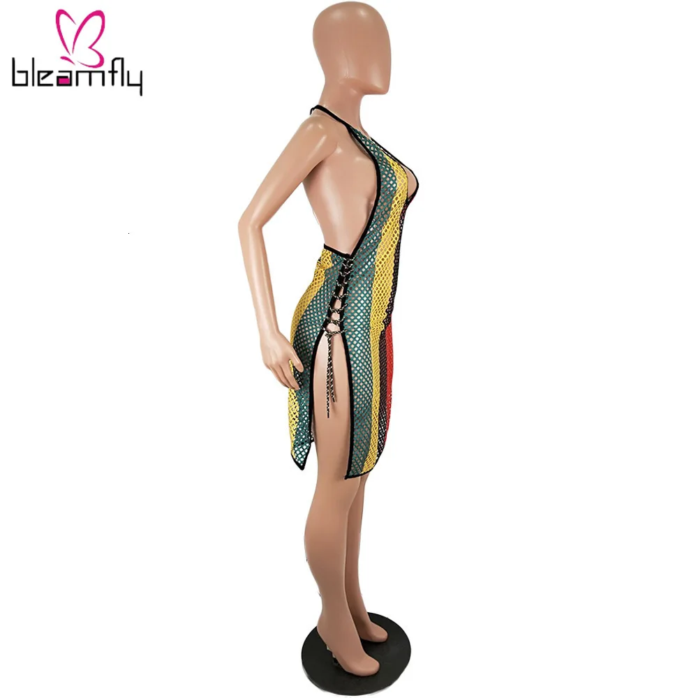 Новинка женское летнее платье в радужную полоску Сетчатое с вырезами на шнуровке