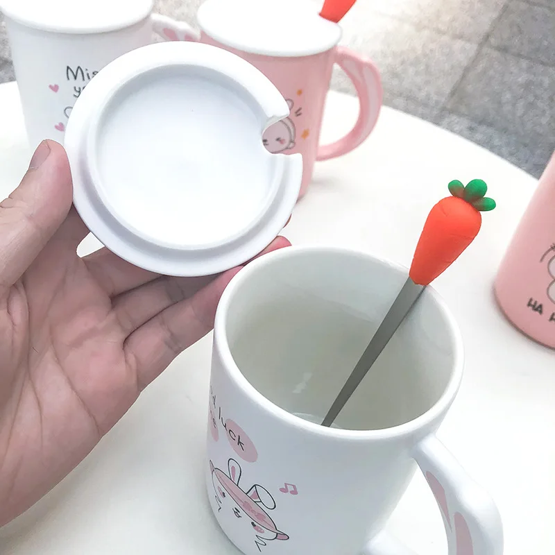Творческий мультфильм редис кролик кружка с крышкой и ложкой, керамическая кружка молоко чай кофе чашка фарфоровая кружка посуда для напитков подарки