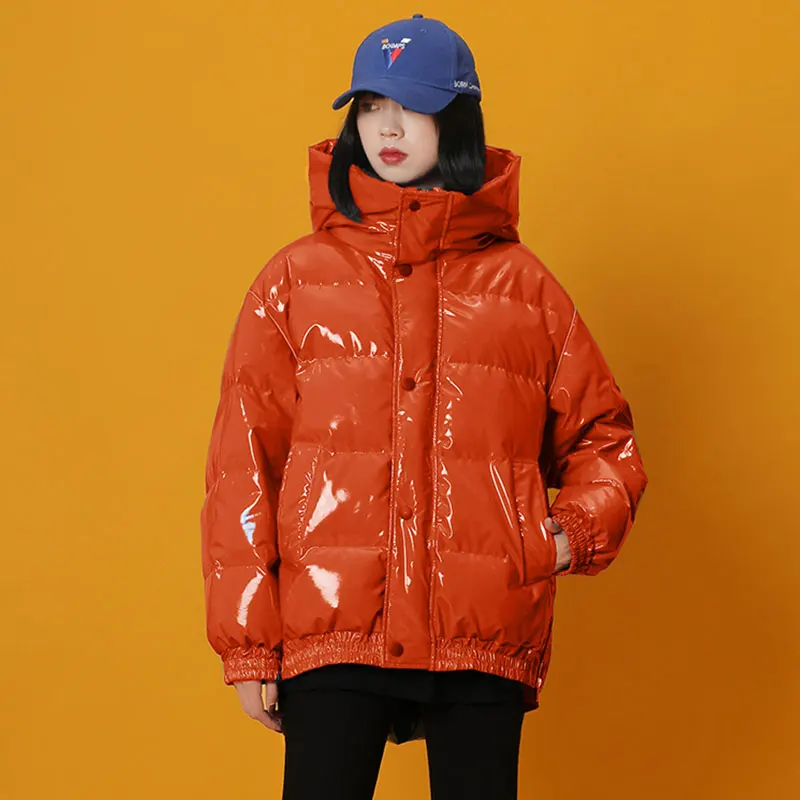 orange Зима новые яркие цвета Короткие яркие Хлопковые женские пальто платье с открытыми плечами большой размер свободные нерегулярные подол теплая Глянцевая куртка для женщин 566 - Цвет: orange