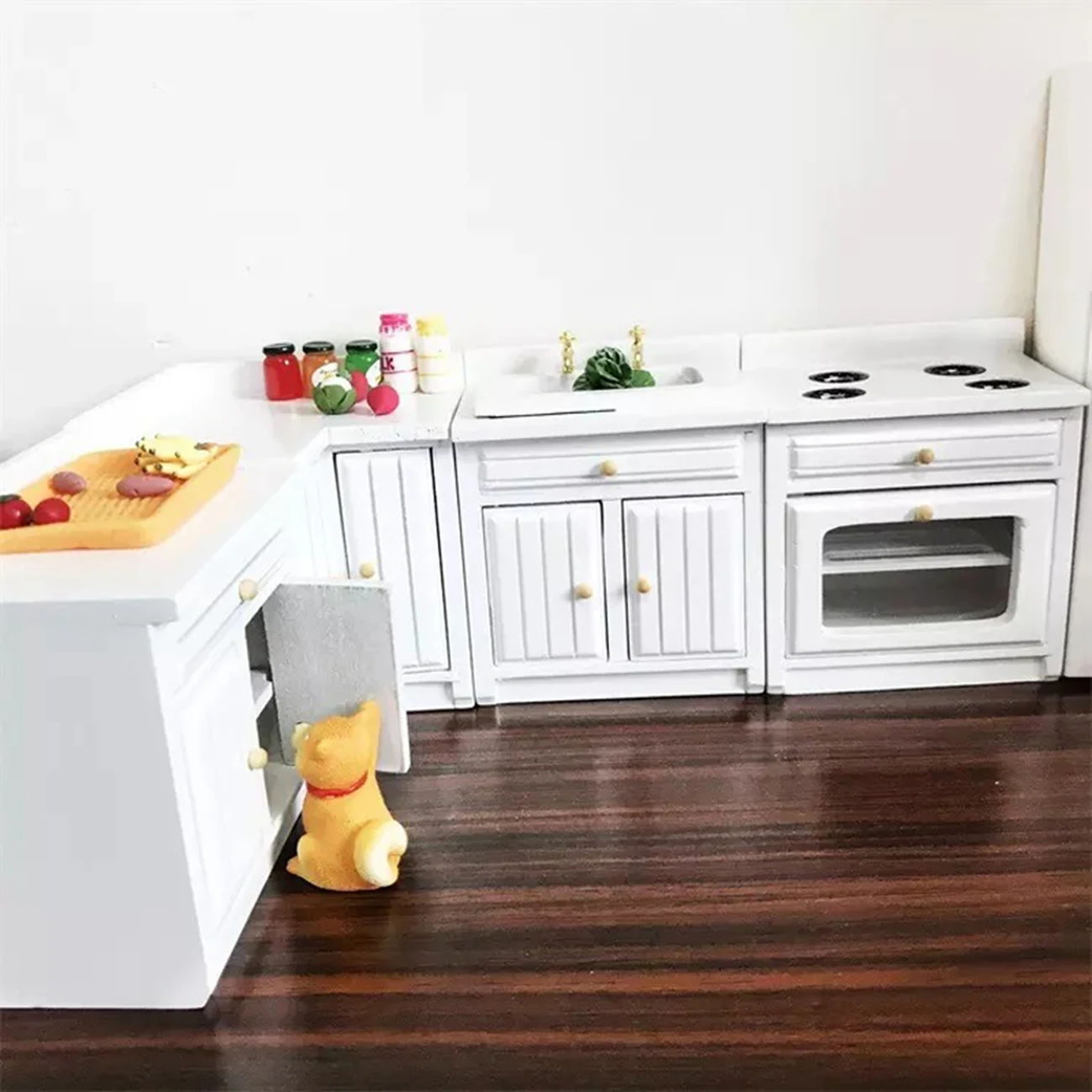 

Dollhouse Miniatures Mini Kitchen Furniture Set Cabinet Stove Model Food Play Model Cooking Table Sink Counter Cover Combination