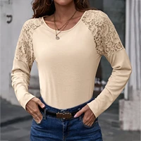 spring fall casual t shirts womens soild color long sleeve lace patchwork tees ladies loose bottoming tunic tops ropa mujer a40