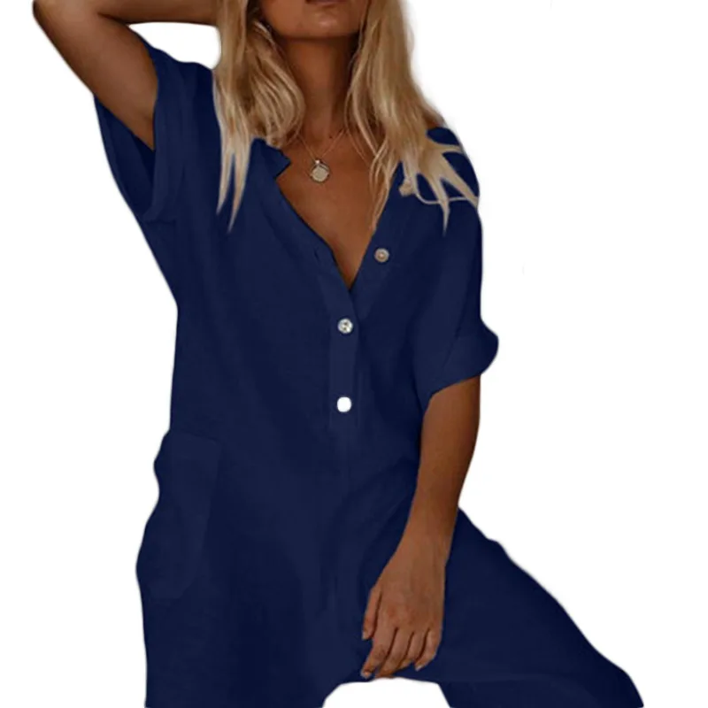 

2021 cross border Amazon summer fashion European and American women's cotton and hemp slim Jumpsuit