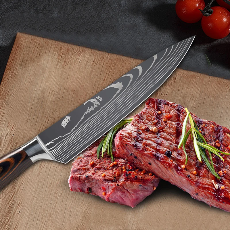 8&quotinch Japanese Kitchen Knives Laser Damascus Pattern Chef Knife Sharp Santoku Cleaver Slicing Utility Tool | Дом и сад
