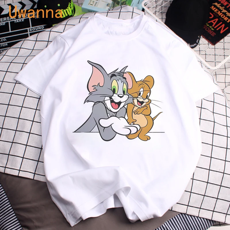 

Женская футболка Kawaii Cat, белые топы с принтом, милая мультяшная футболка с коротким рукавом, модная повседневная футболка с круглым вырезом ...