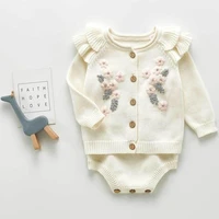 2022 new baby girl knitted set fashion embroidery flower sweater for infant toddler knitted bodysuit kids cotton knit cardigan