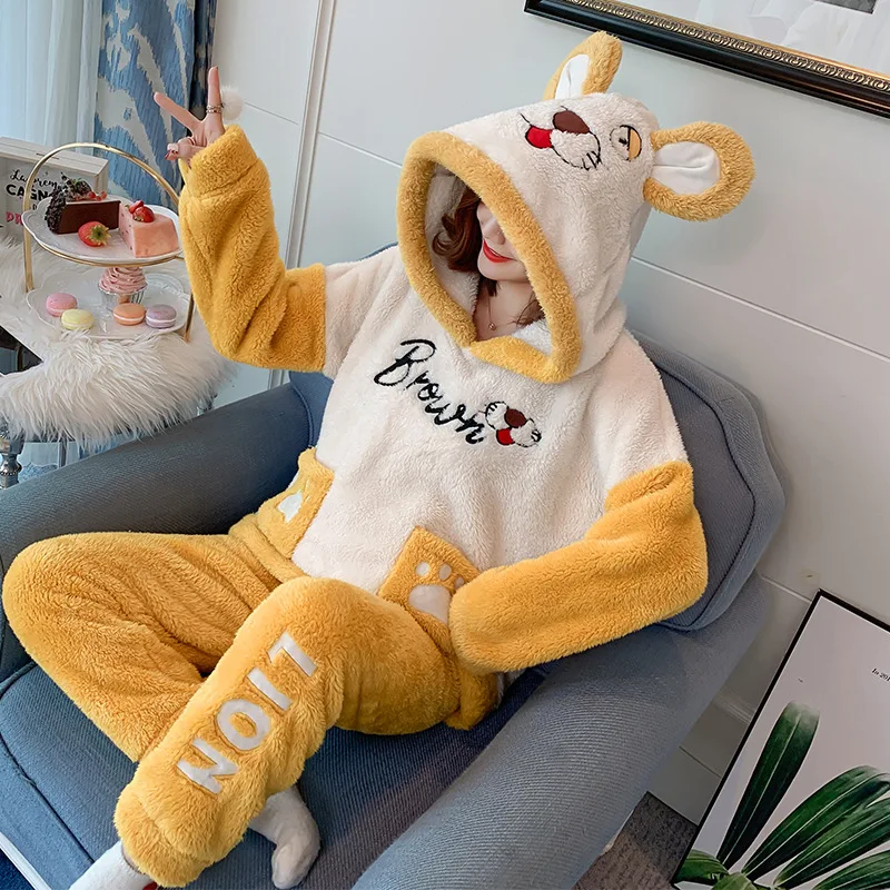 

Women Cute Sleepwear Pajamas Set Cartoon Animal Full Sleeve Nightwear Pyjama Women Top+pants 2pcs Pijamas Home Warm Clothes Suit