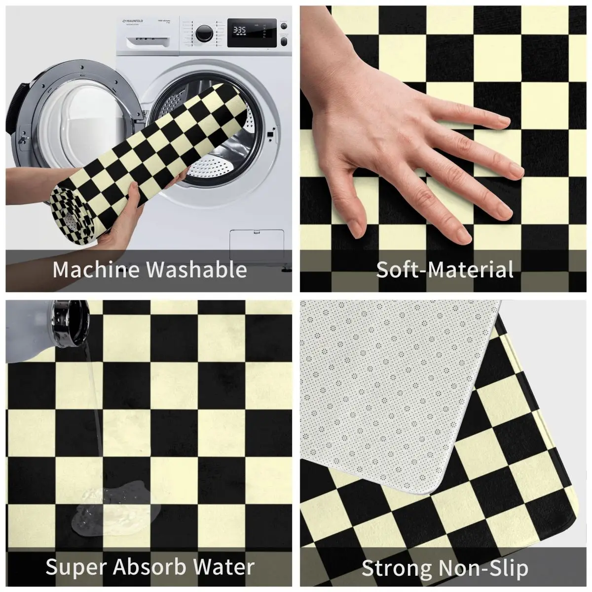 Черный и кремовый коврик с узором в клетку из полиэстера для ног нескользящий