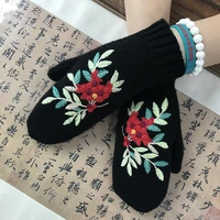 autumn and winter womens red bean embroidered mittens retro warm black floral girls woolen gloves