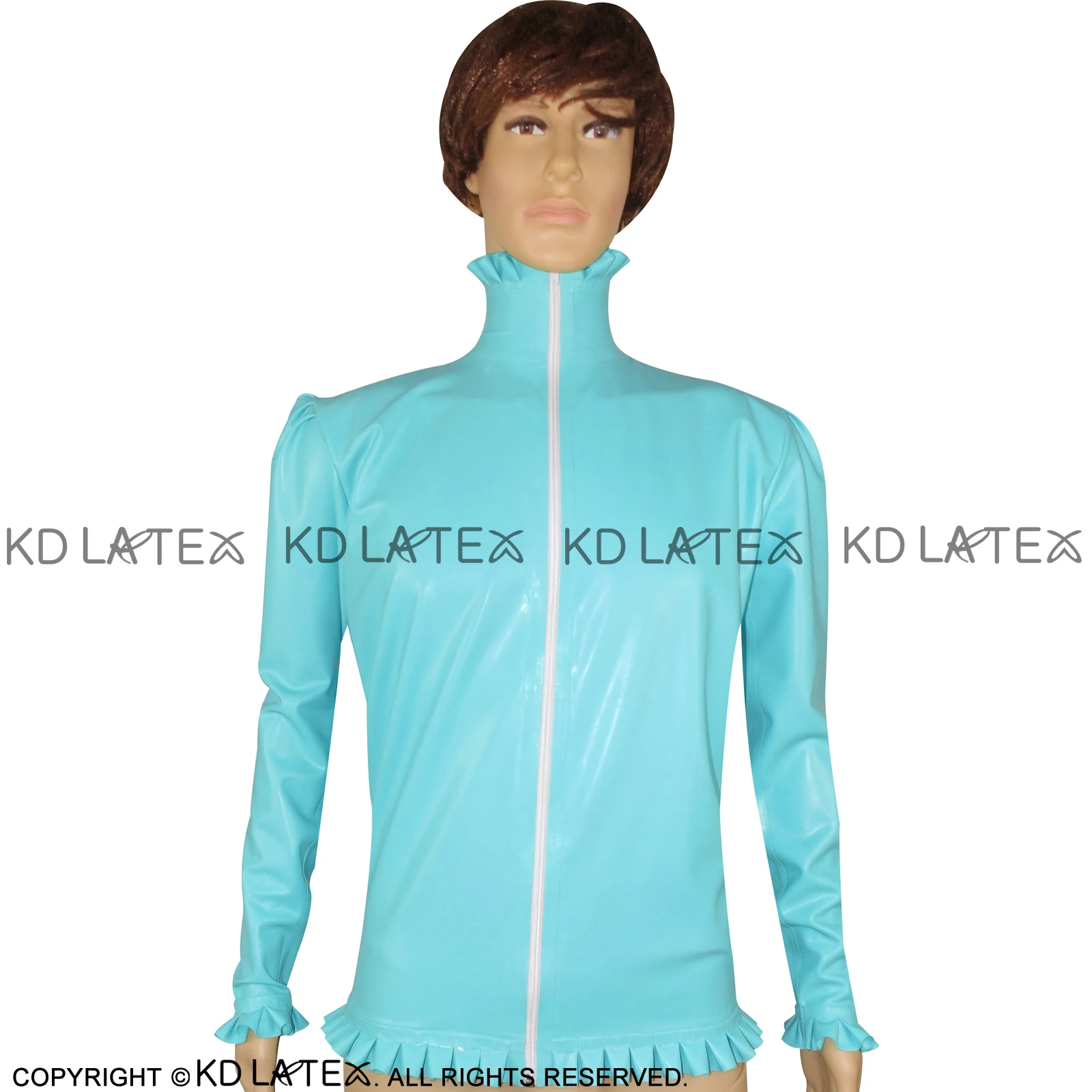 Сексуальная латексная блузка голубого цвета с оборками пуговицами спереди