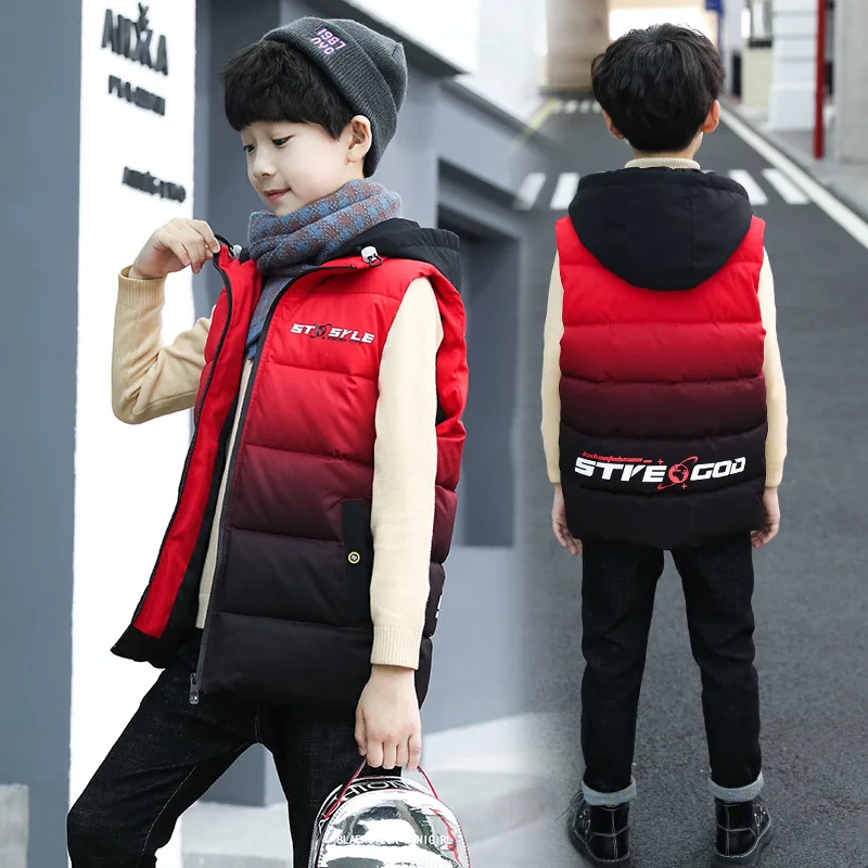 

2021 Russia Autumn Winter Children Vests For Boy Cute Coats Kids Warm Hooded Sleevel Jacket Thick Waistcoats 5-14 Years Clothing