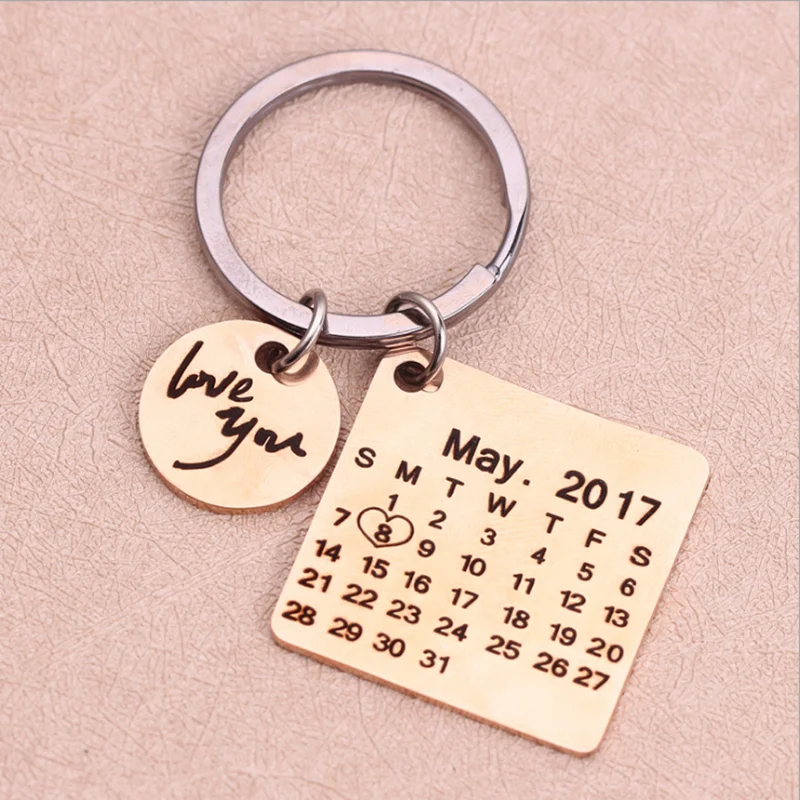 

Personalized Custom Calendar Keychain Stainless Steel Highlighted with Heart Date Engrave Date Birthday Wedding Anniversary Gift