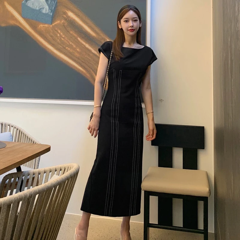 

Summer Dress Striped Black Long Maxi Dresses for Women Slim High Waist Short Sleeve Casual Dress T0250