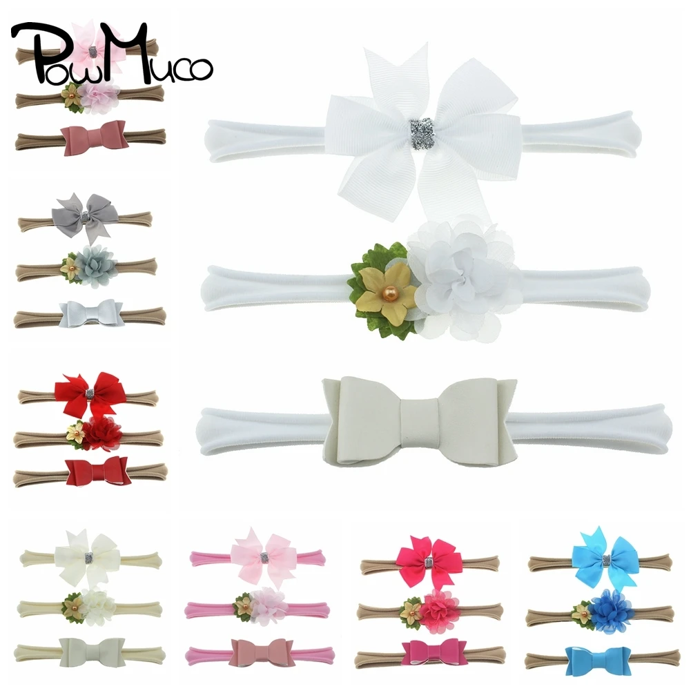 

Powmuco 3pcs/lot 17 Colors Grosgrain Ribbon Bows Baby Girls Hairband Fashion Handmade Flowers Nylon Headband Infant Headwear