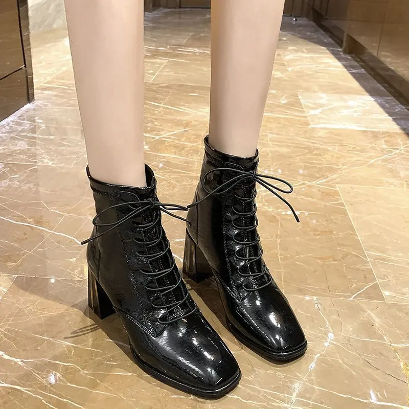 Patent Leather Boots High Heels Ankle Boots Ladies Beige Black Shoes Square Toe Chunky Heels New Fashion Trend Women Fall Shoes