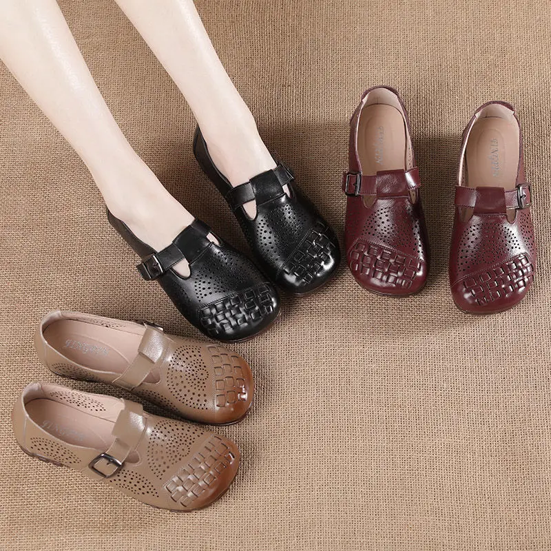 Flat Heels T Strap Mary Jane Shoes Women's Genuine Leather Ballet Flats Ladies Buckle Hollow Out Loafers Woman Woven Moccassins