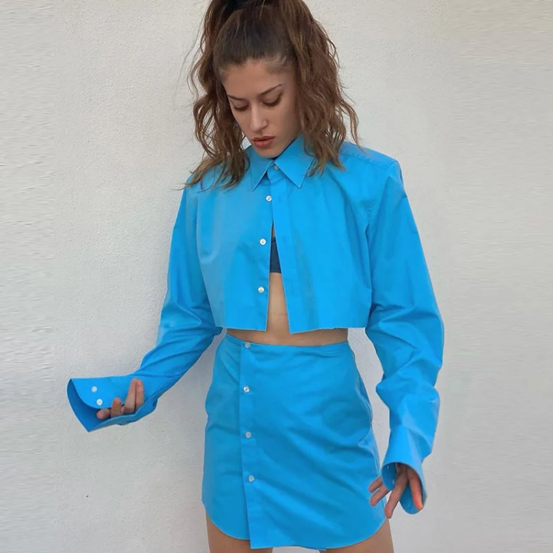 

2 Piece Set Women Autumn Streetwear Dress Set Casual Crop Blouse Shirts Buttons Up A-line Skirt Matching Suit Female Dress Sets