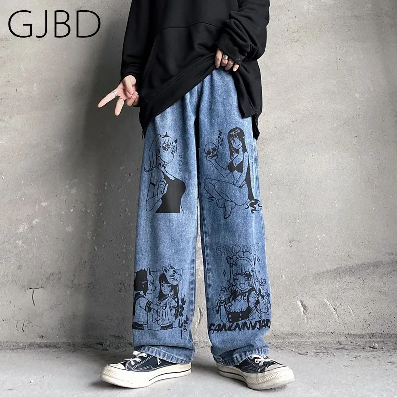 

Men and Women Jeans 2021 Fashion Trend Harajuku Original Cartoon Printing Wide Leg Pants Boyfriend Middle Waist Denim Trouser