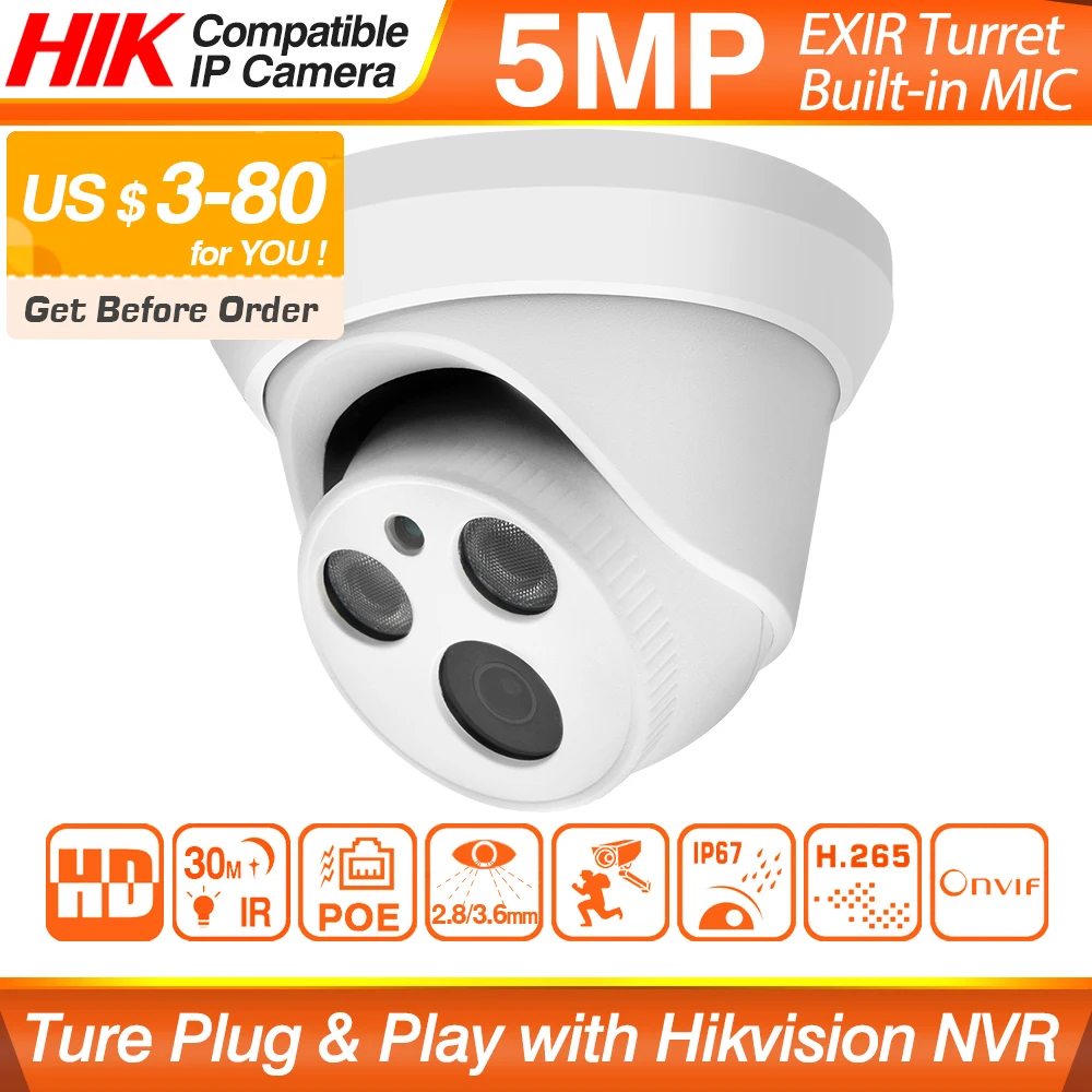 Hikvision совместимая 5MP купольная POE ip камера для домашней безопасности CCTV 1080P IR 30m ONVIF