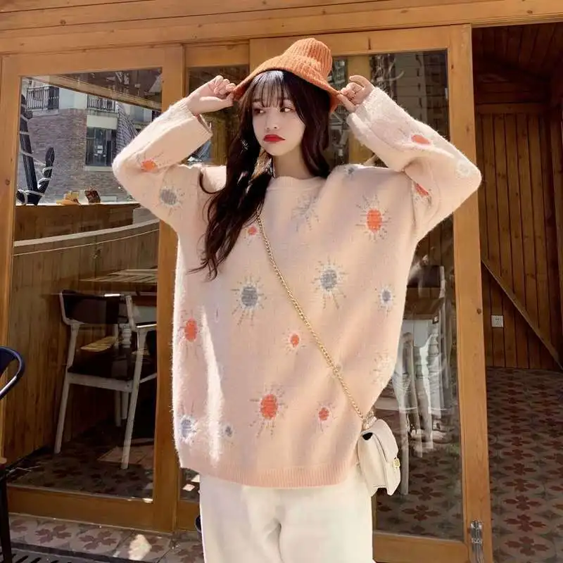

O-neck Chic Pattern Sweater Women 2020 Autumn Winter Fashion Loose Knitted Pullovers New Fresh All-match Femme Sweaters Tops