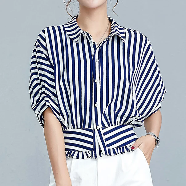 Bat shirt high-end top women's summer short-sleeved chiffon striped shirt design chic t-shirt thin  women-blouses