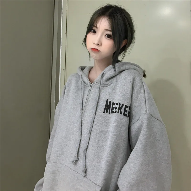 

Hoodies Women Letter Printed Loose Hooded Trendy Pockets Plus Velvet Sweatshirts Womens Korean Style Harajuku All-match Chic