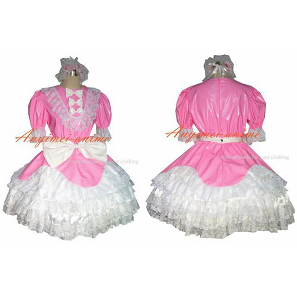 

fondcosplay adult sexy cross dressing sissy maid short thin Pvc Dress Pink Lockable white lace Uniform Costume Tailor-made[G356]