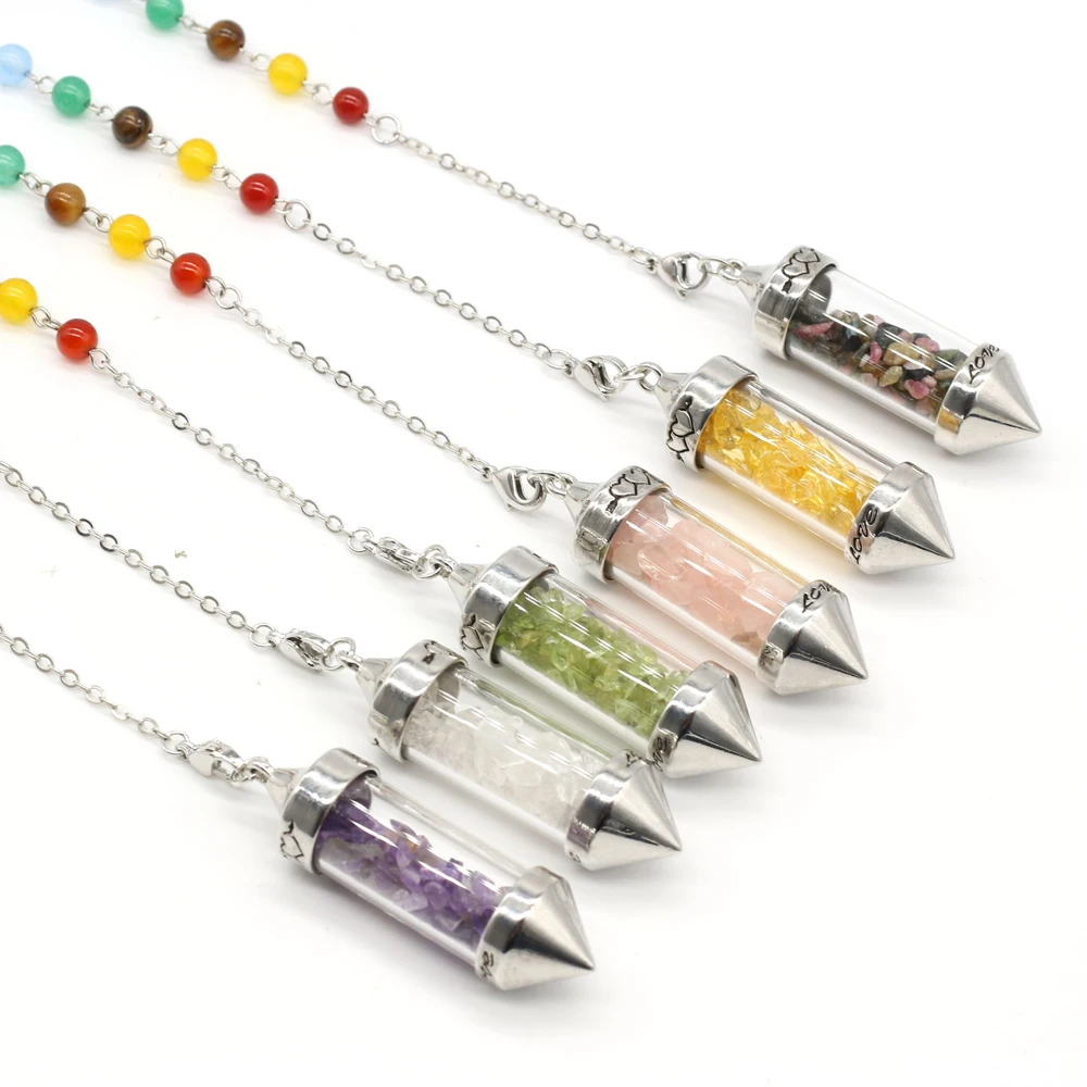 

Fashion Spirit Pendulum Natural Stone Amethyst Rose Quartz Seven Chakra Pendant for Unisex Charm Jewelry Gift 56-59 mm