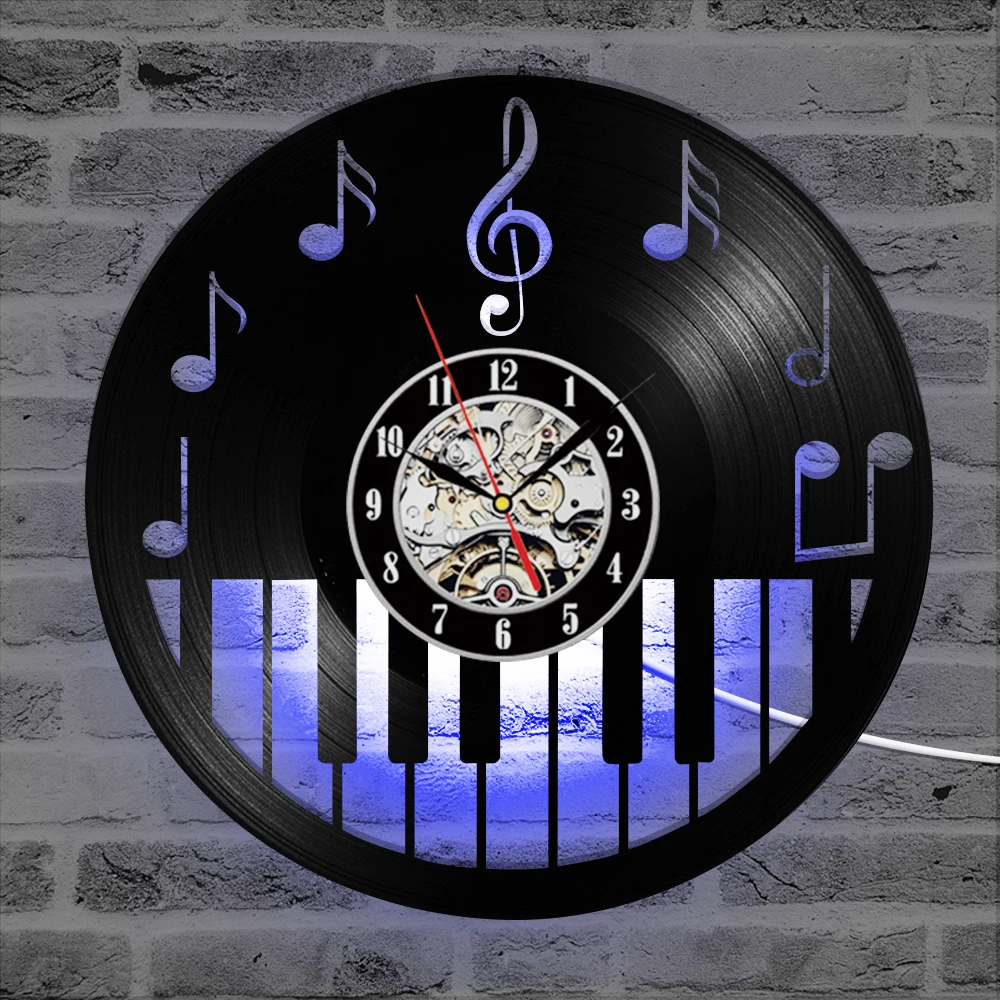 Piano Keybord Luminous Vinyl Record Clock Creative and Antique Style Black Round LED Wall Clocks Music Decor Art Watch | Дом и сад