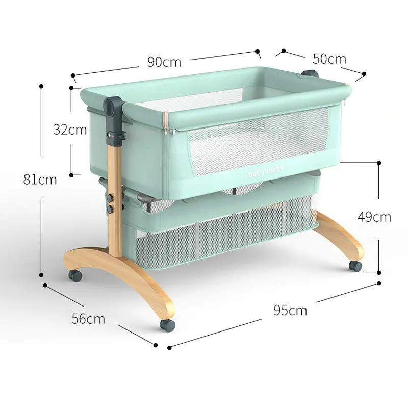 Portable Movable Baby Crib, Foldable Newborn Solid Wood Cradle, Multifunctional Stitching Big Bed Bedside Sleeper