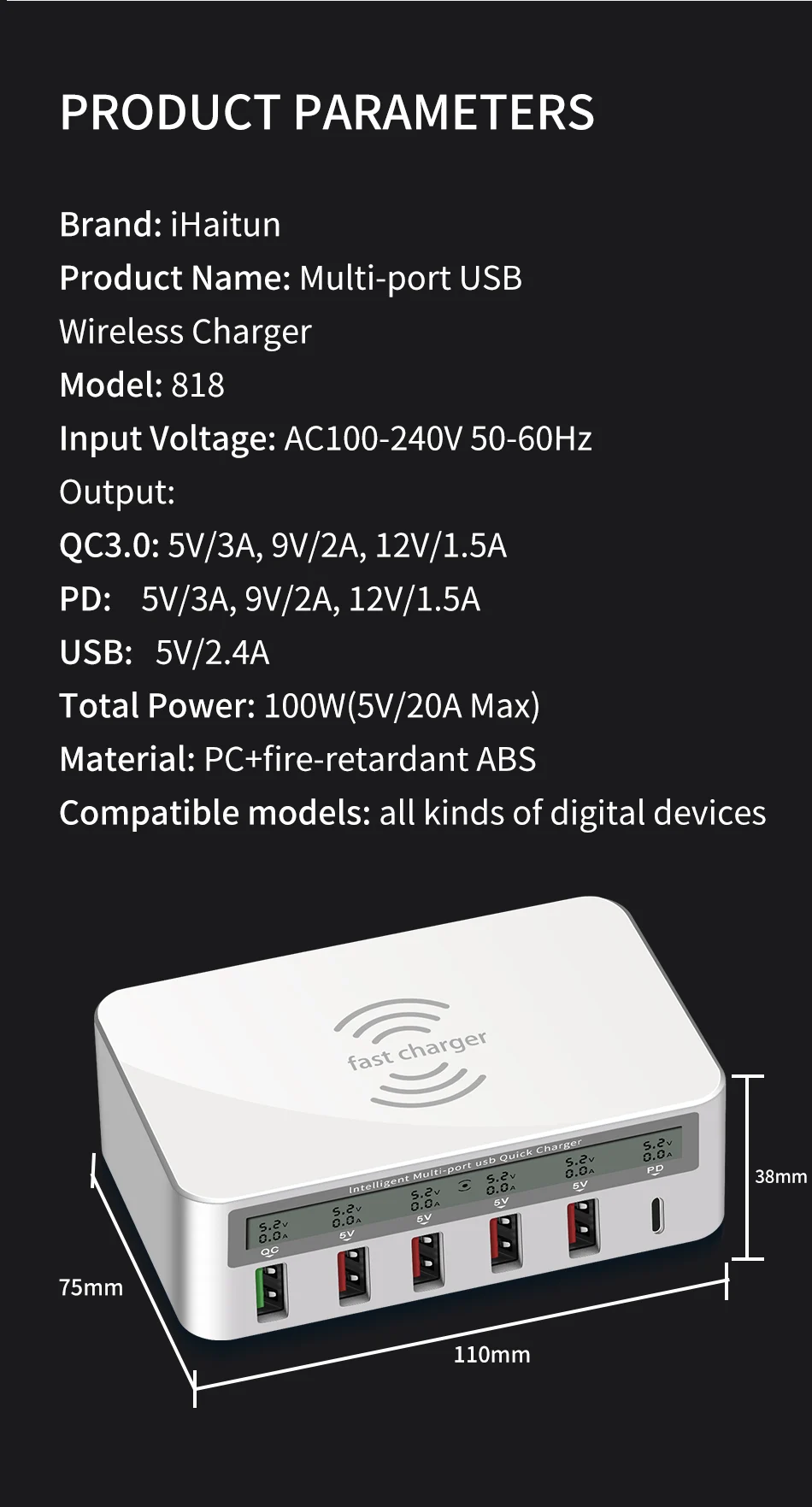 IHaitun 100 Вт беспроводной PD type C QC3.0 USB зарядное устройство светодиодный дисплей Быстрая док-станция для путешествий Быстрая зарядка 3,0 QC 4,0 для iPhone 11 Pro