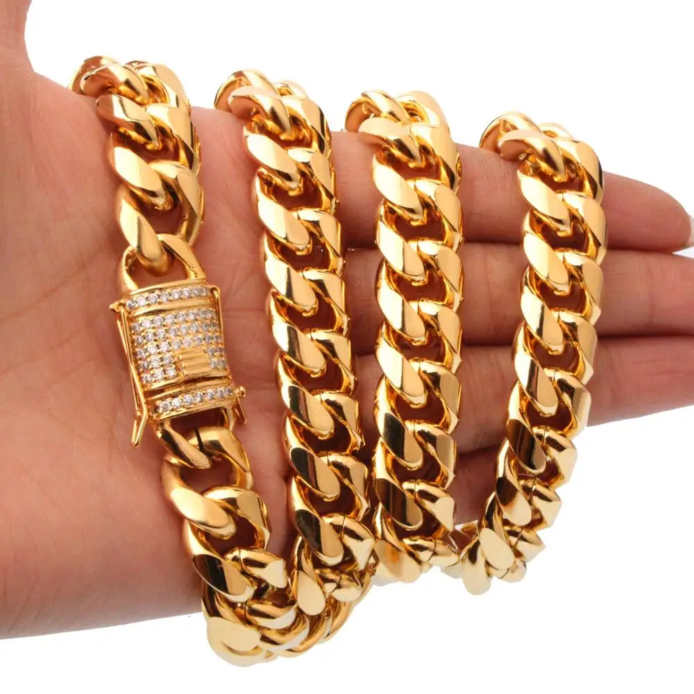 

Rock Men's Hip Hop Gold Color 316L Stainless Steel Curb Cuban Link Chain Necklace Jewelry with Rhinestone 15mm *75cm