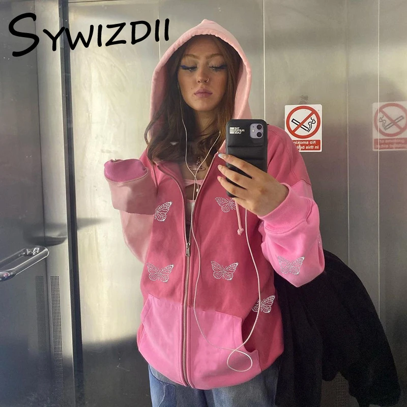 

SYWIZDII 90s Butterfly Print Rhinestone Streetwear 2 Piece Tracksuits Y2k Fashion Oversized Zippper Hoodies Sweatshirt Co-ord Se