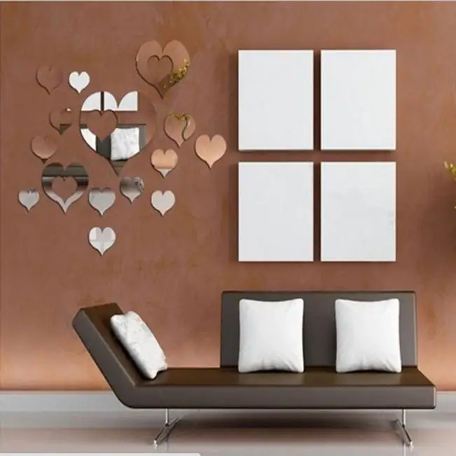 15pcs3D Mirror Wall Sticker Wallpaper Acrylic Heart Shaped Removable Art Deco Silver Living Room Decoration | Обустройство дома