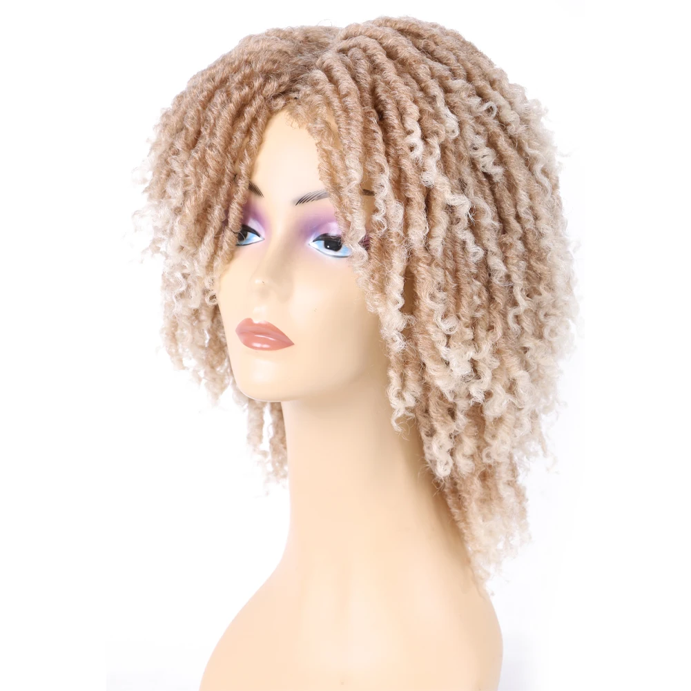 

Synthetic Short Curly Faux Locs Twist Ombre Light Brown and Blonde 27/613 Dreadlocks for Women and Men Afro Curly Synthetic Wigs