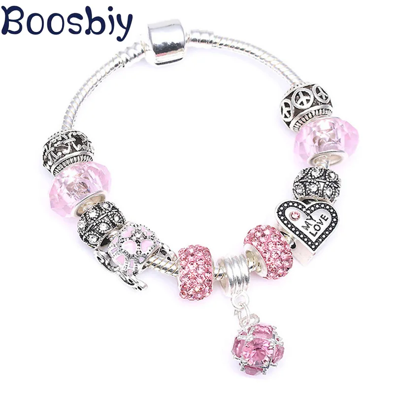 

New Arrival Fashion Charm Bracelet With Pink Heart Crown Beads Fit European Style Brand Bracelet For Lover's Jewelry Gift