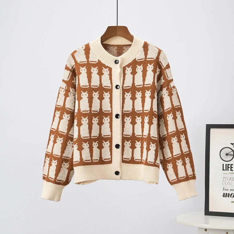 

Autumn Fashion Print Coffee Color Black Female Knit Cardigan Loose V-neck Long Sleeve Women Casual Single-breasted Knitwear Coat
