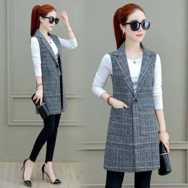 Oversize XXXL Fashion Women Casual Turn-down Collar Plaid Long Pocket Blazer Outwear Slim Quality Elegant Office Clothing Autumn