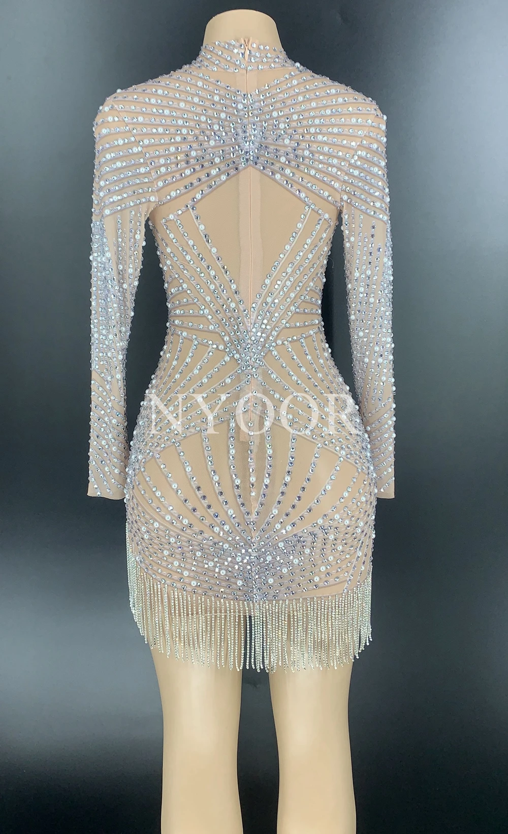 Блестящее Серебряное платье стразы с бахромой прозрачное для празднования дня