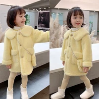 fashion winter spring coat pearl girls thick woolen jacket yellow kids warm outerwear autumn england long teenage clothes school