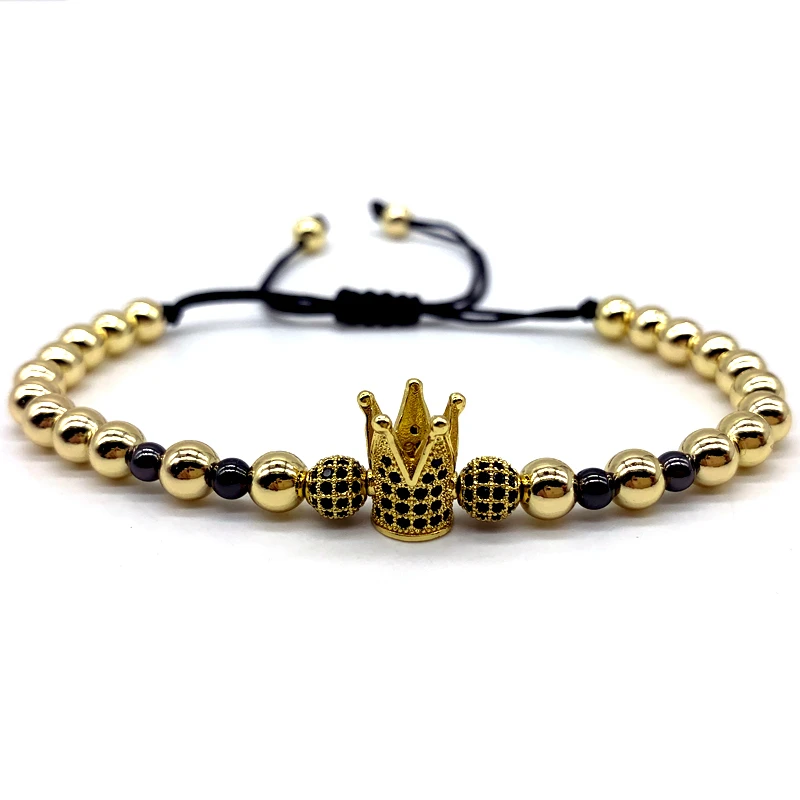 Мужской регулируемый браслет ручной работы черный плетеный с бусинами и