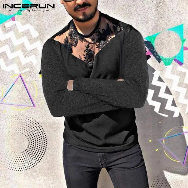 

INCERUN Tops 2021 Fashion Casual Camiseta Men's Solid Comeforable Patchwork See-through Tees Long Sleeves O-neck T-Shirts S-5XL