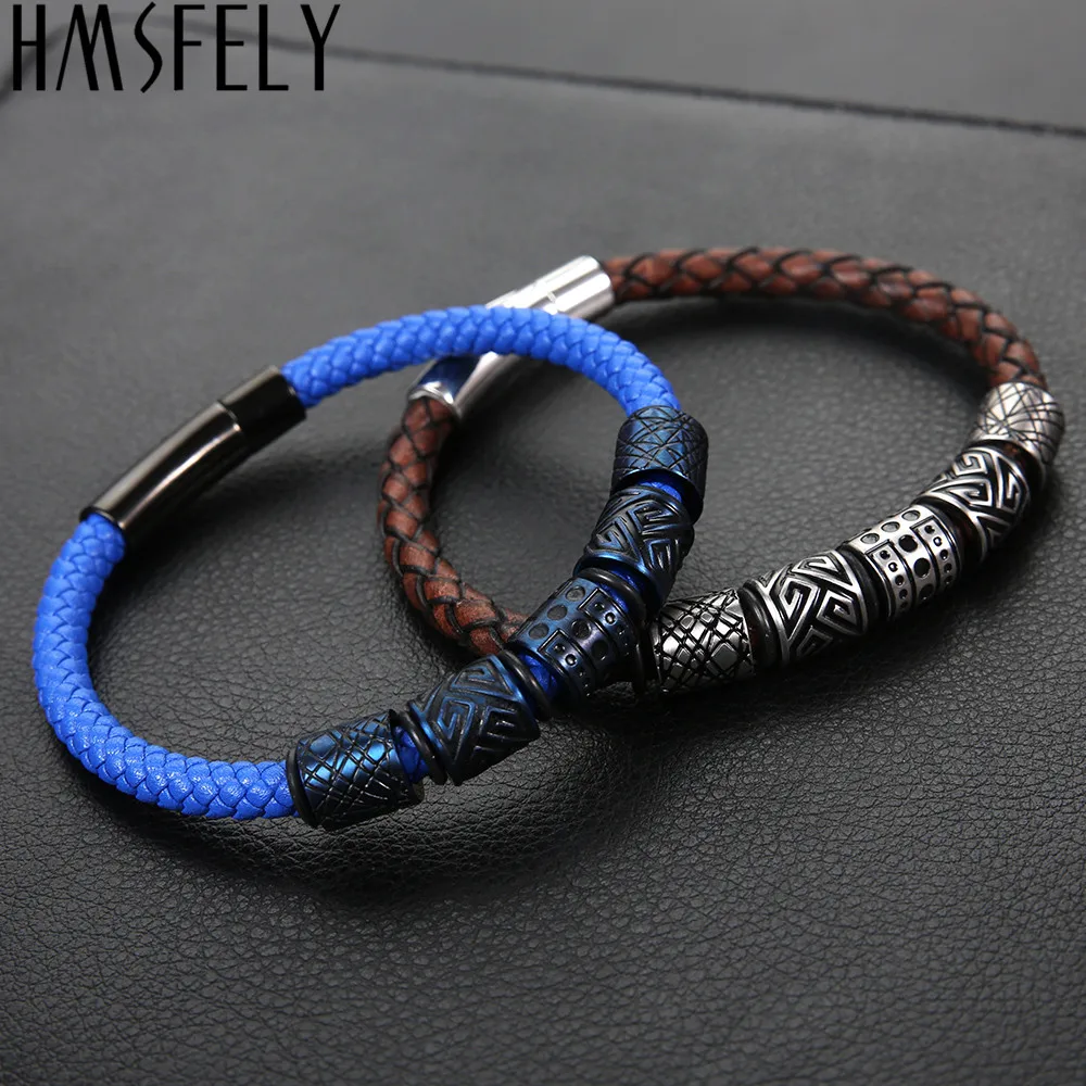 HMSFELY мужской роскошный кожаный титановый браслет из нержавеющей стали синие