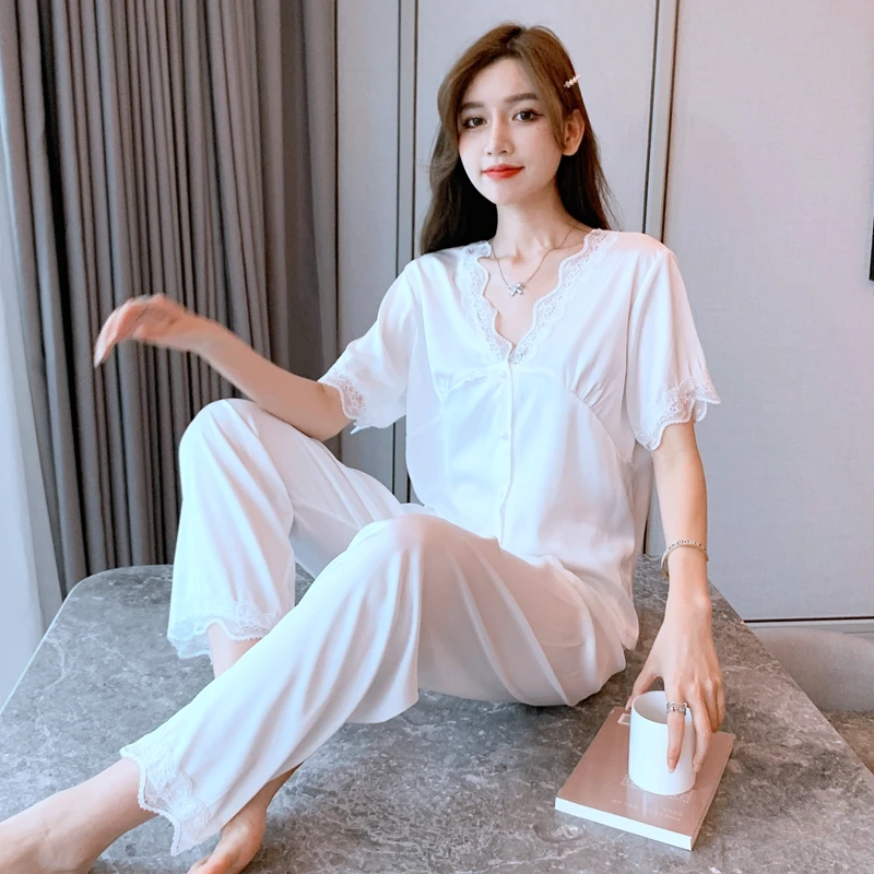 Women Sleepwear Summer Pyjamas Silk Nightgown Sexy Nighty Plus Size Lapel Loose Version Pajama Set High Quality