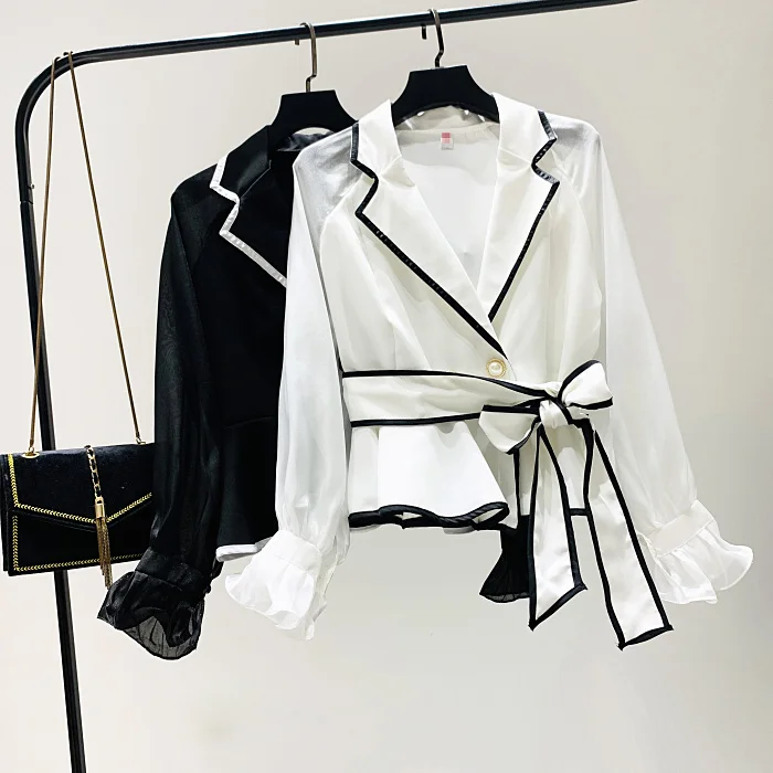 White Chiffon Blouse Women Notched Collar Flare Sleeve Shirt Solid Color Ladies Elegant Black Stripe Edge Blusa Tops | Женская одежда